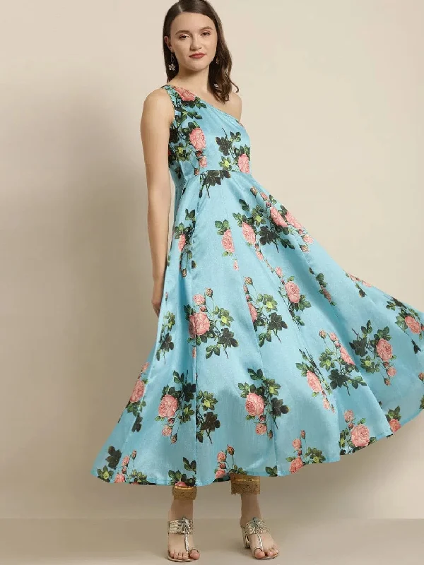 Turquoise Floral One Shoulder Anarkali Maxi