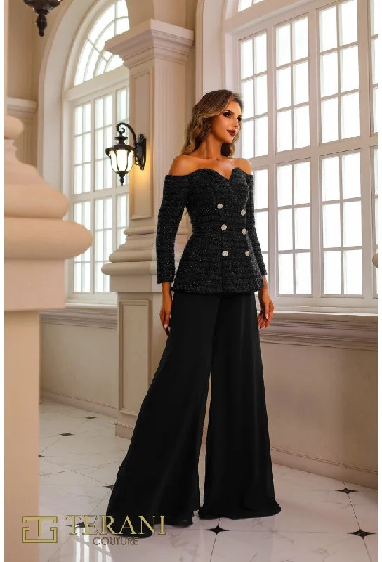 TightbuckleTerani Couture 242E3185 Long Metalic Lace Formal Pant Suit