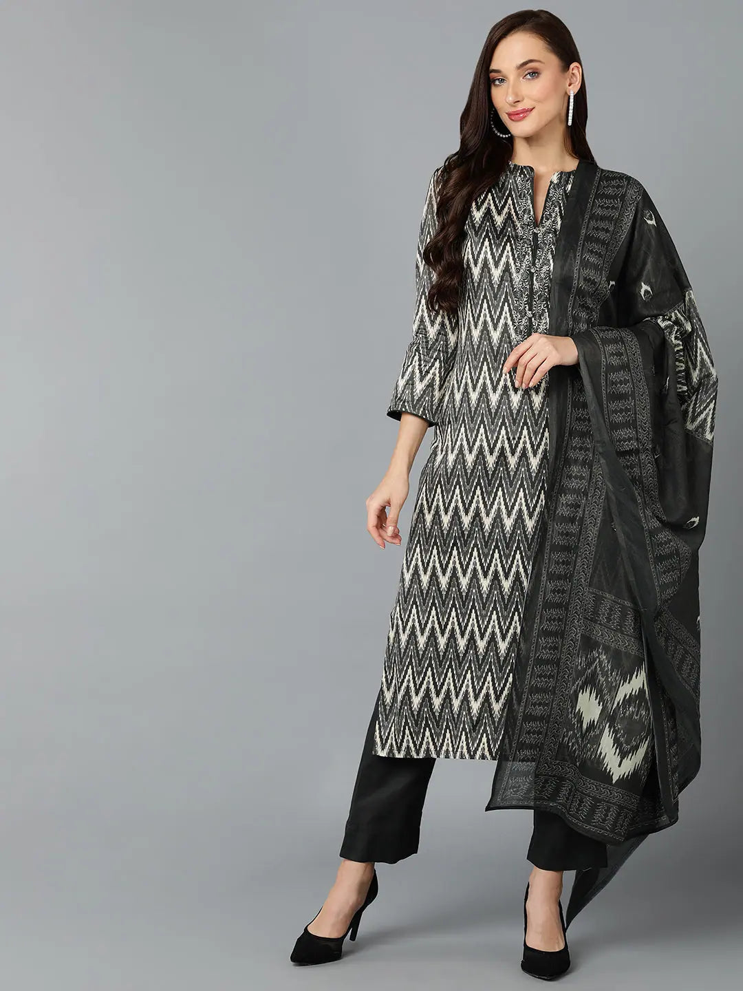 Silk Blend Charcoal Straight Kurta Pant With-VKSKD1817_XS