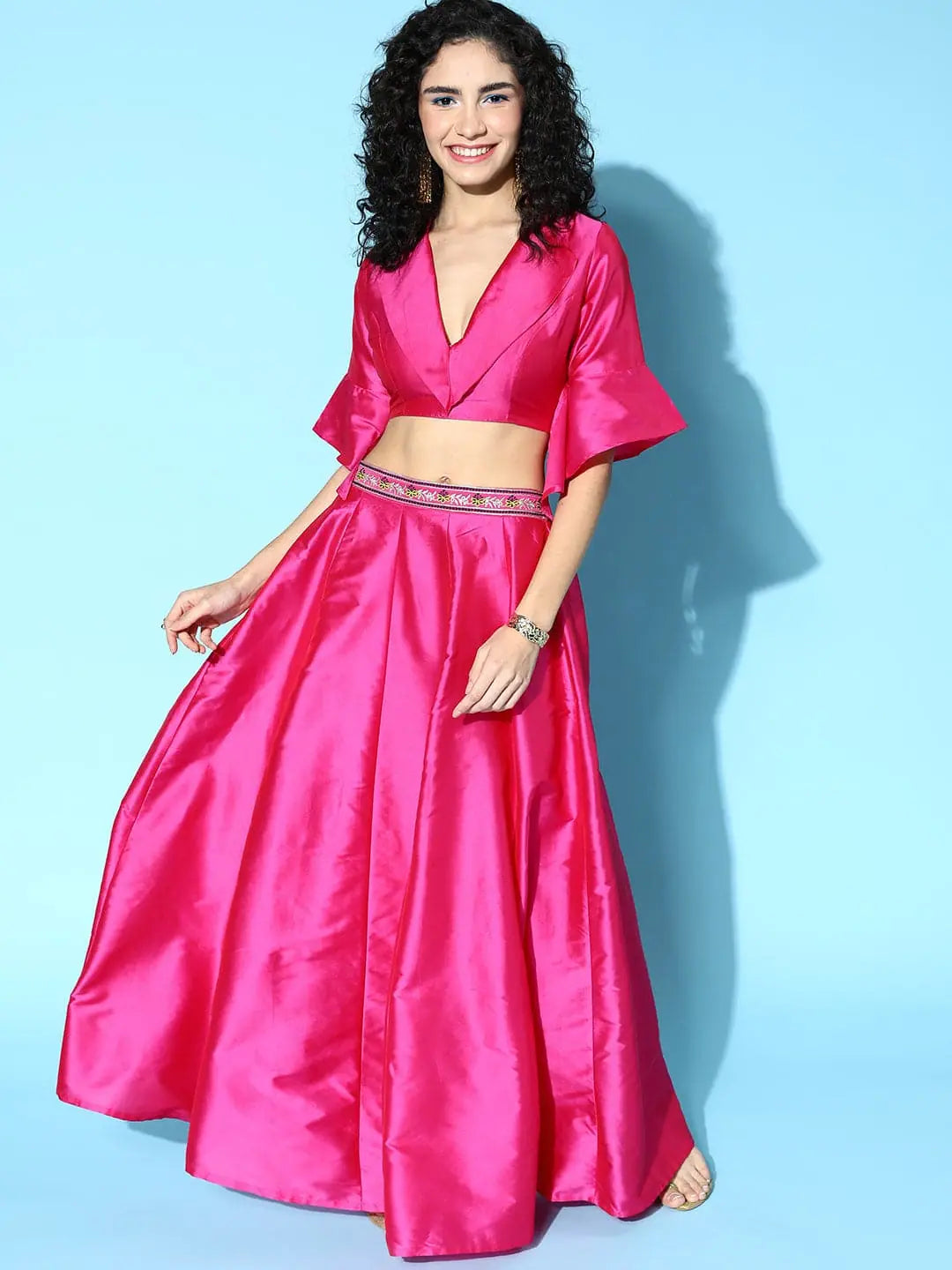 Women Pink Notched Crop Top With Anarkali Skirt