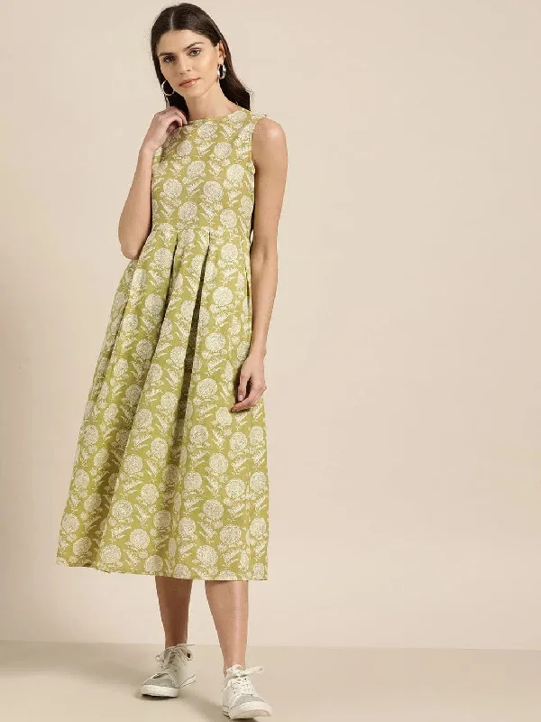 Pista Green Sleeveless Box Pleat Midi Dress