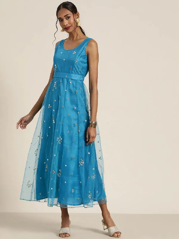 Women Teal Tulle Sequins Sleeveless Anarkali Maxi