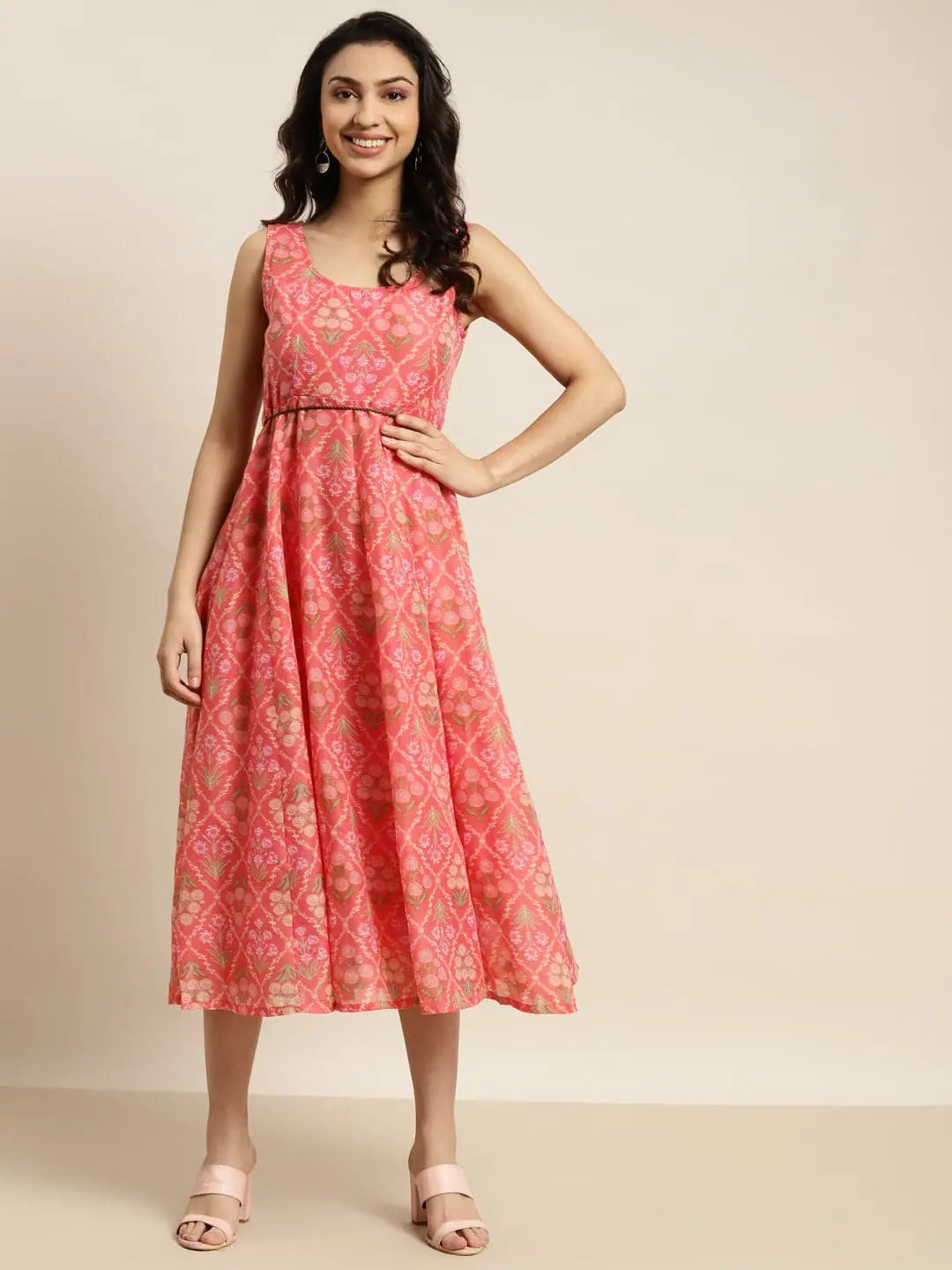 Women Peach Chanderi Mughal Floral Anarkali Dress