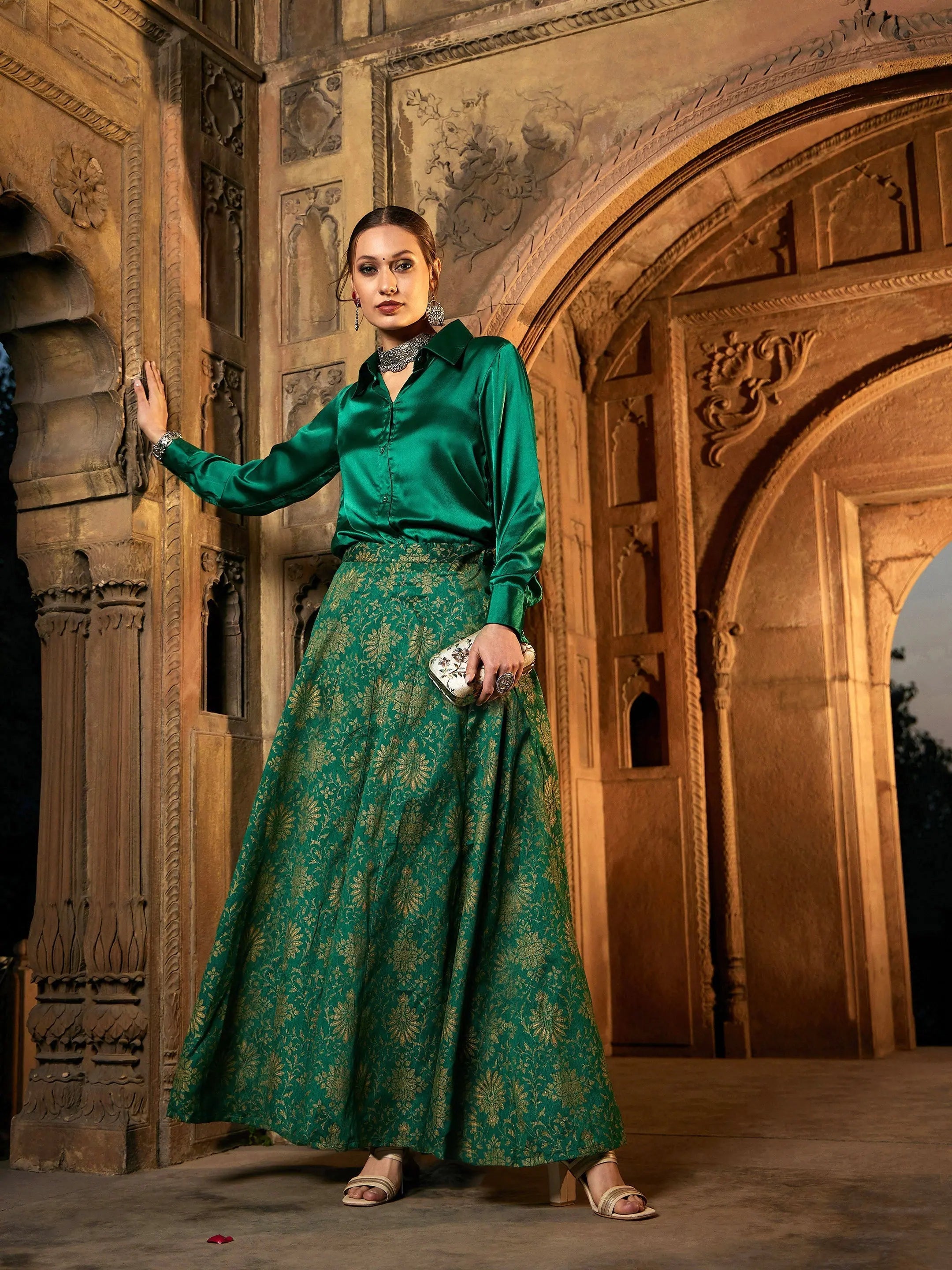 Women Green Satin Shirt With Brocade Skirt