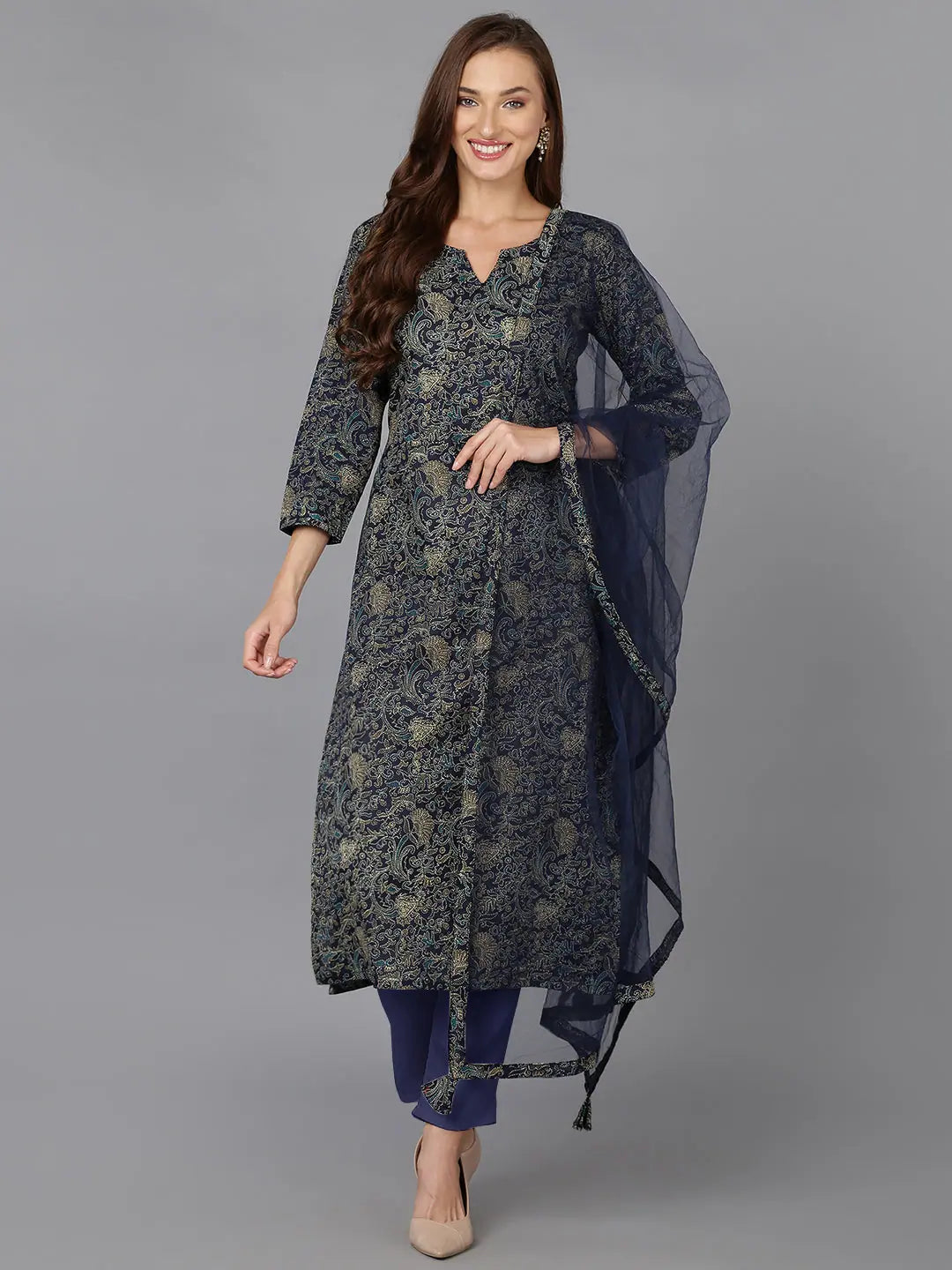 Cotton Navy Blue Printed Straight Kurta Pant