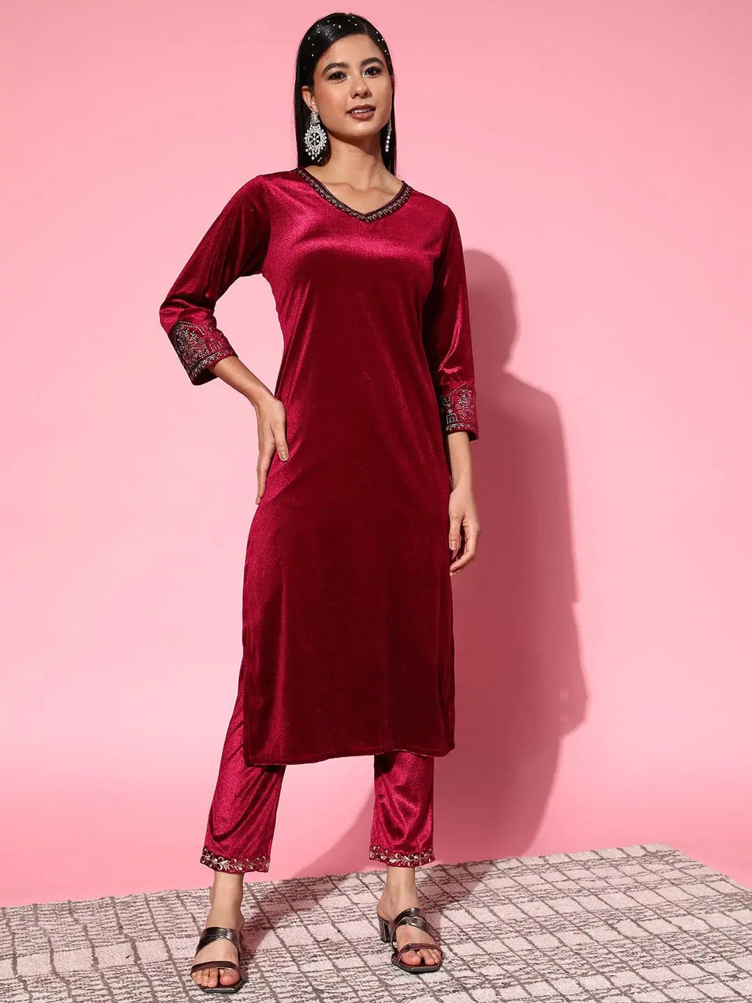 Women Maroon Velvet Embroidered Kurta With Pants