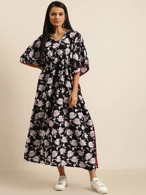 Black Floral Channel Drawstring Kaftan Dress