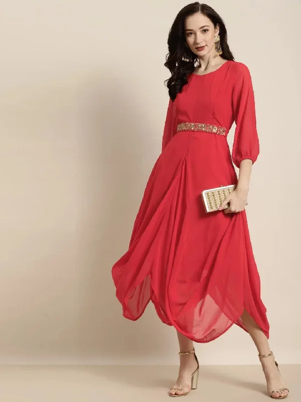 Women Red Embroidered Belt Dhoti Dress