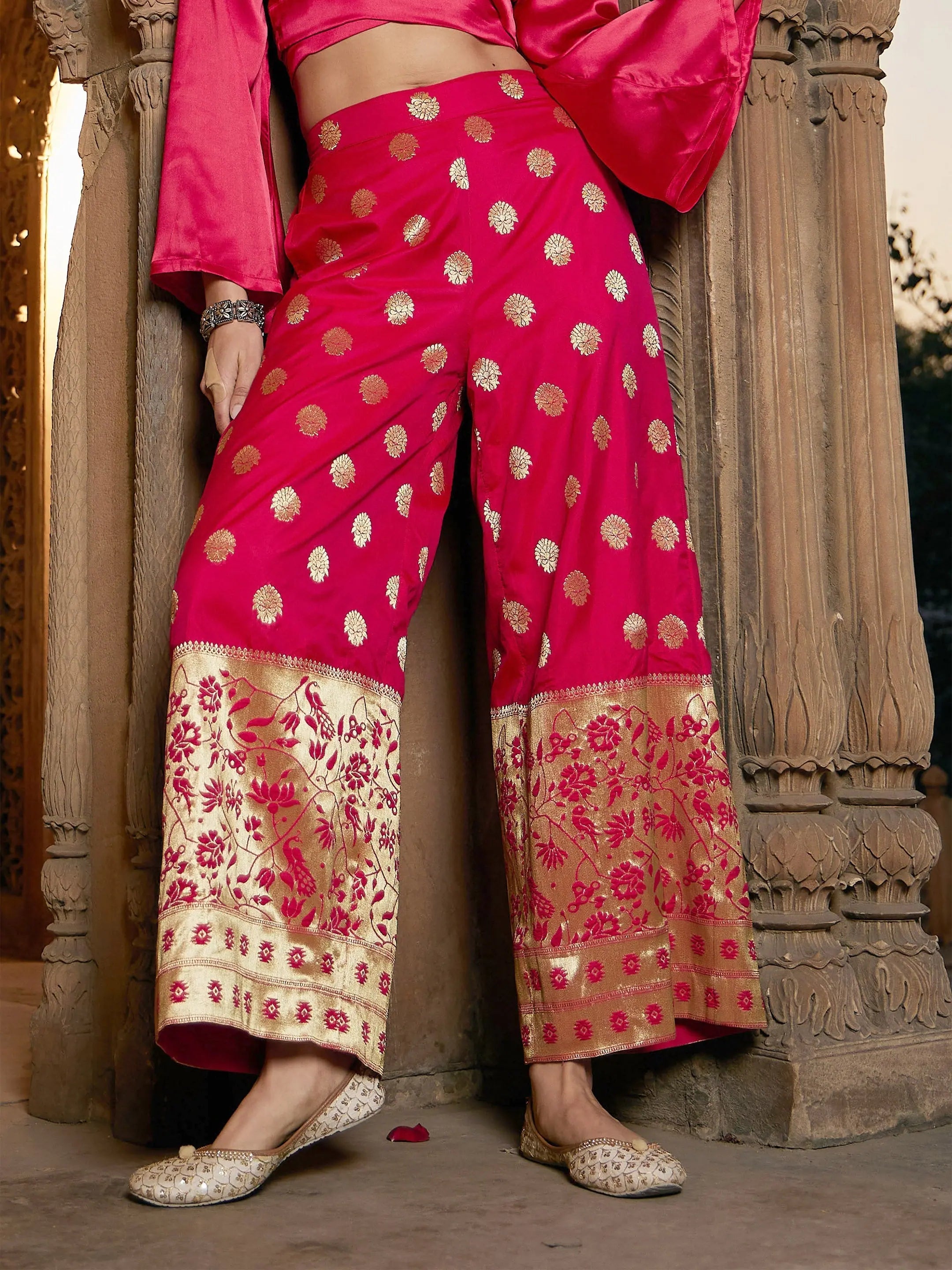 Women Fuchsia Brocade Jacquard Palazzos