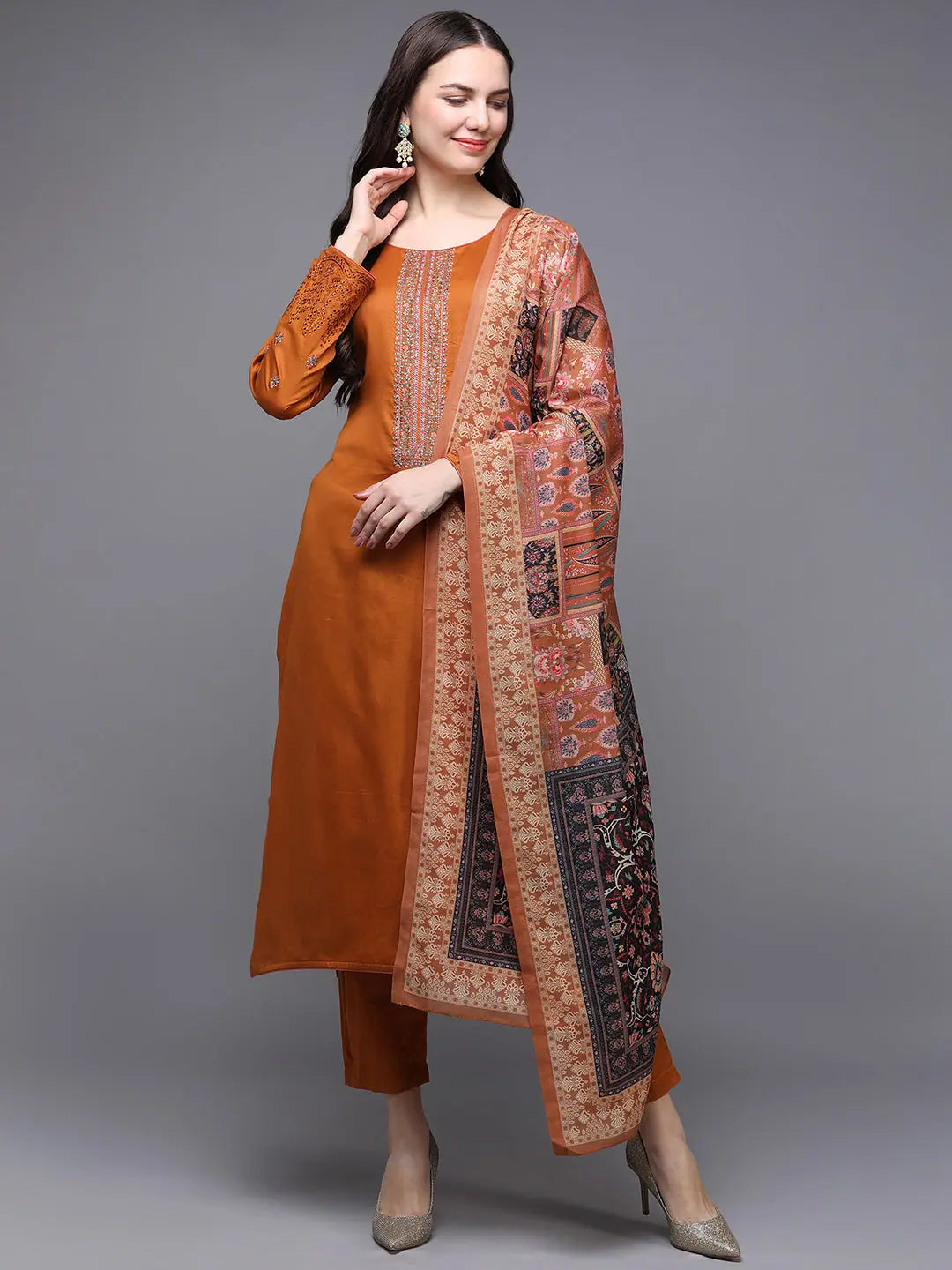 Cotton Orange Embroidered Straight Kurta Pant With