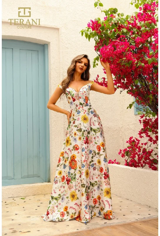 TightbudgetTerani Couture 251P4375 A Line Long Floral Print Formal Prom Dress