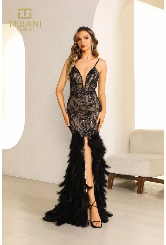 TighthugTerani Couture 251P4321 Long Fitted Formal Feather Prom Dress