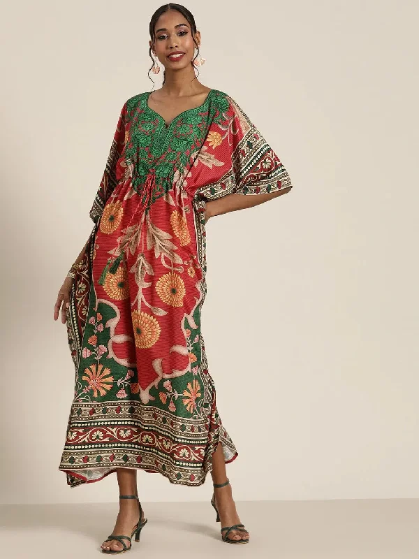 Women Red & Green Floral Kaftan Dress