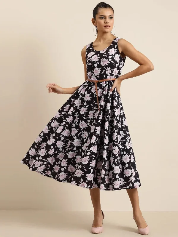 Black Floral Sleeveless Anarkali Dress