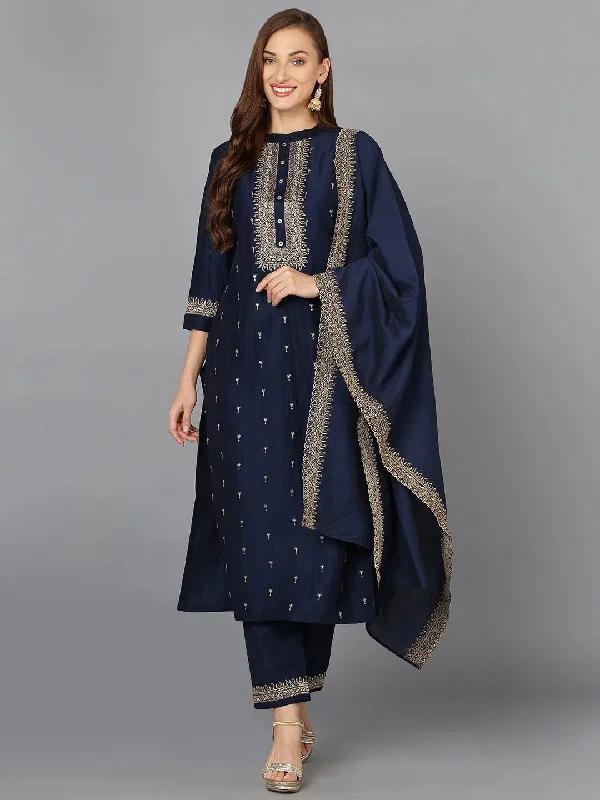 Navy Blue Silk Blend Embroidered Festive wear