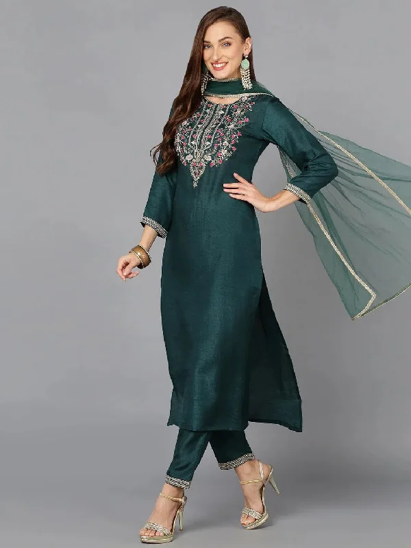 Bottle Green Silk Blend Embroidered Festive wear-PKSKD1884_XS