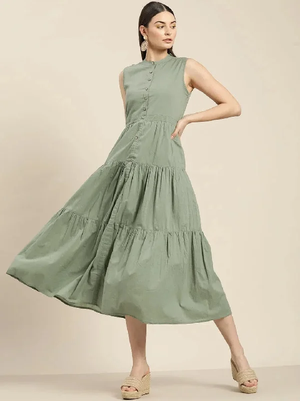 Olive Sleeveless Tiered Dress