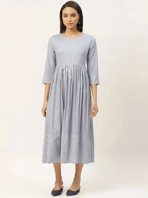 Grey Schiffli Gathered Midi Dress