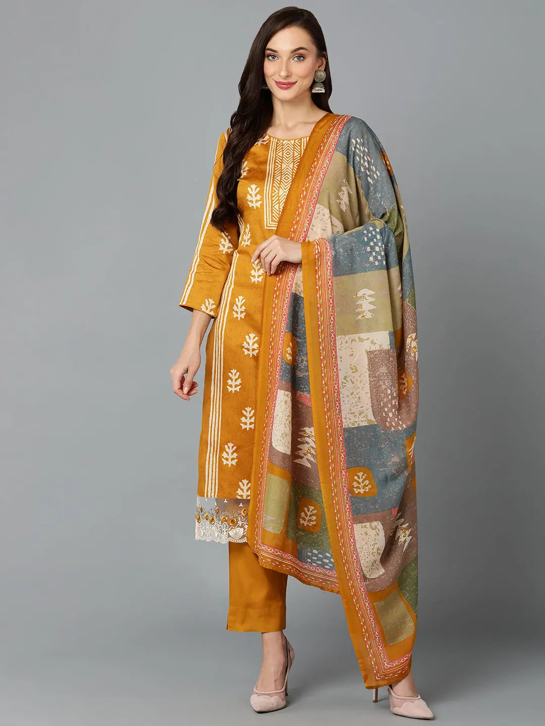 Silk Blend Ochre Yellow Straight Kurta Pant-VKSKD1806A_XS