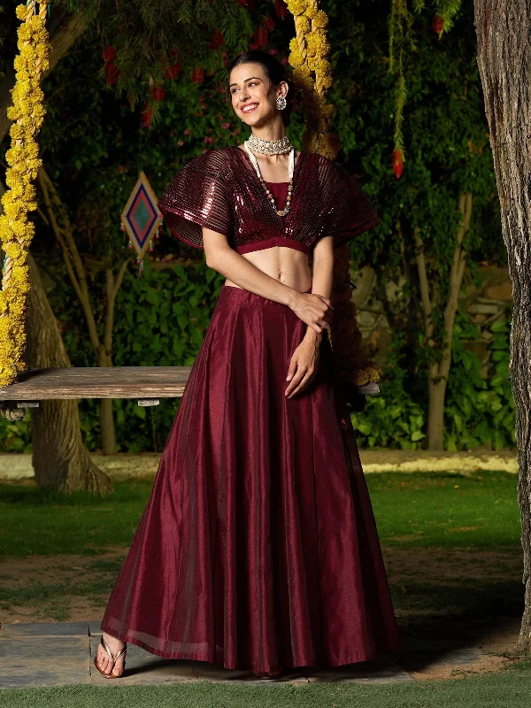 Women Maroon Mesh Mettalic Detail Top with Chanderi Skirt