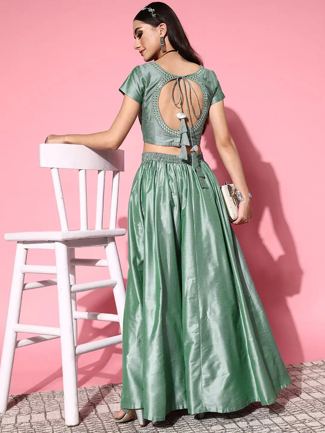 Women Green Mirror Crop Top With Anarkali Skirt