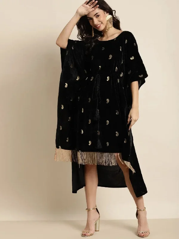 Black Velvet Foil Print Fringe Lace Kaftan Dress