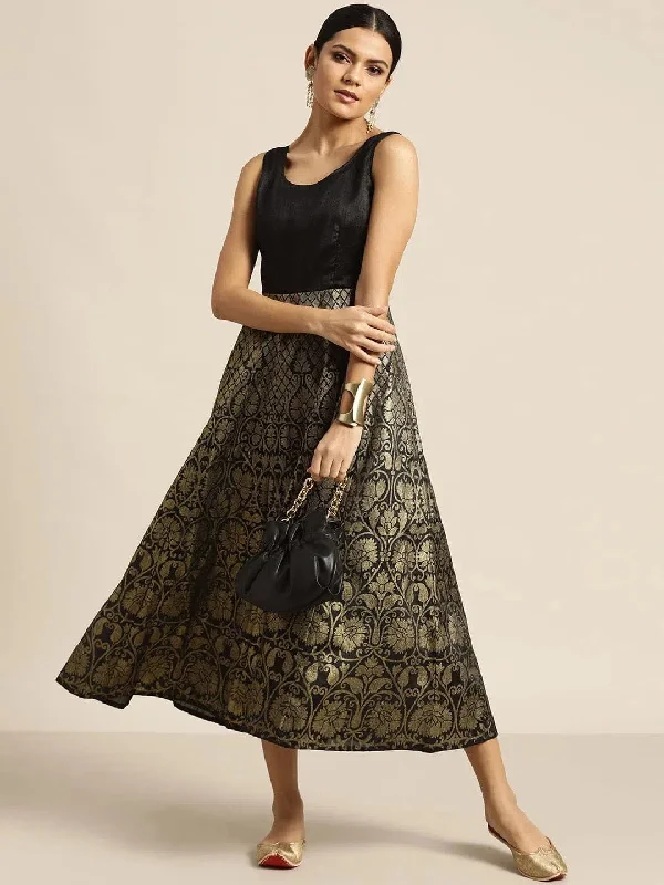 Black Foil Print Sleeveless Anarkali Maxi Dress