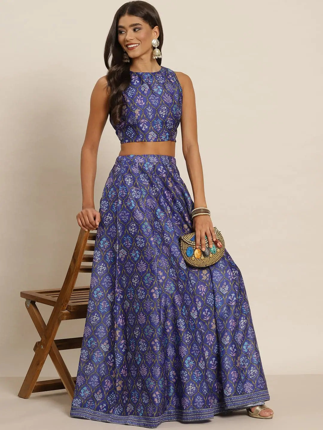 Women Purple Mughal Floral Crop Top With Anarkali Skirt