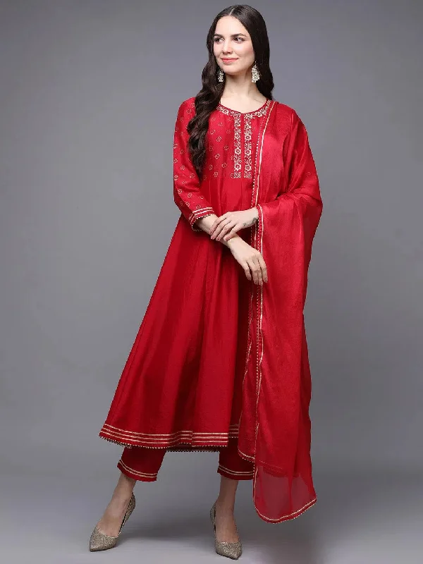 Silk Blend Red Embroidered Flared Kurta Pant