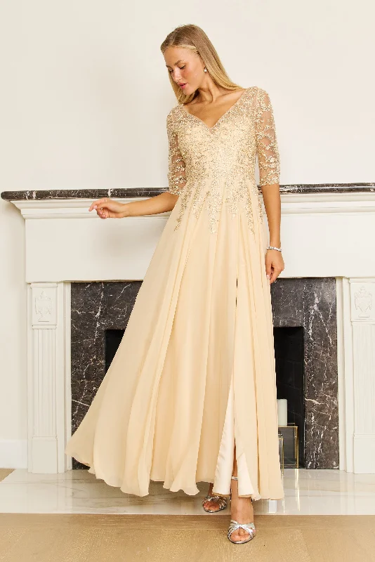 TightropeLong Sleeve Chiffon Formal Evening Dress Gold