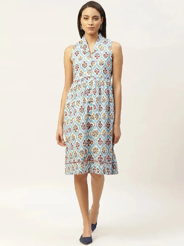 Blue Floral Shawl Collar Front Open Dress