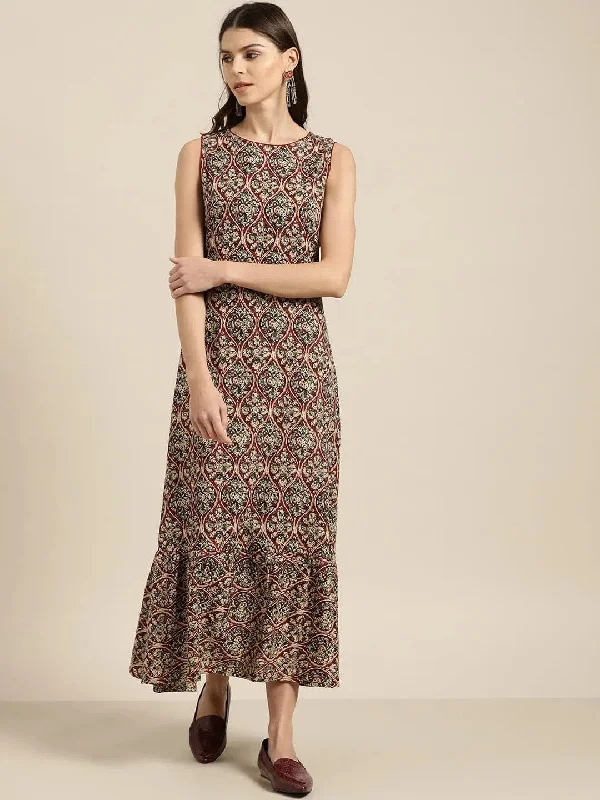 Brown Tiered Hem Sleeveless Midi Dress