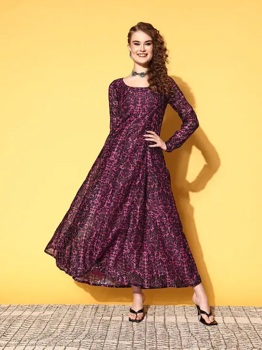 Women Pink Chanderi Floral Anarkali Maxi Dress