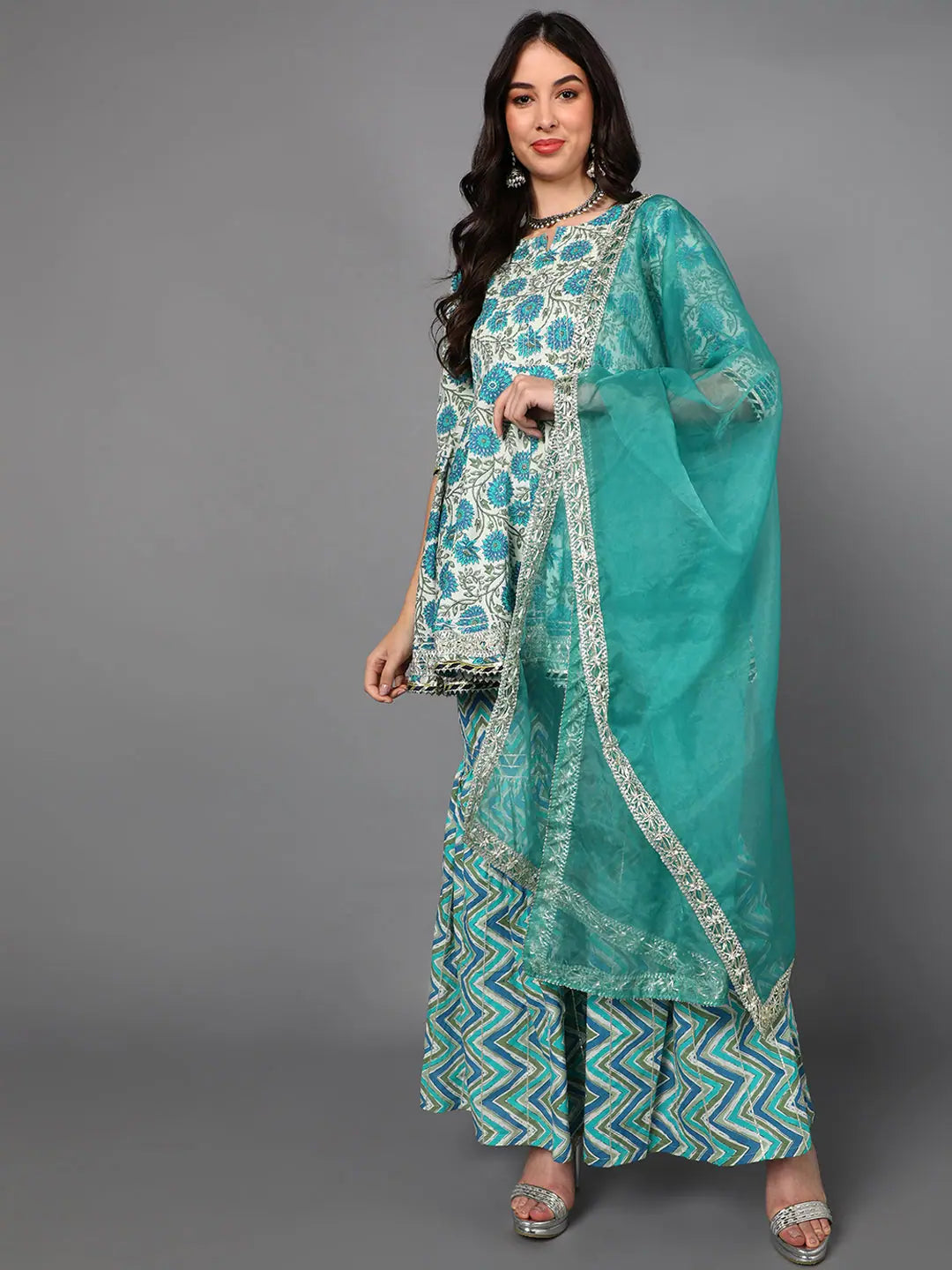 Ahika Cotton Floral Printed Kurta Sharara Dupatta