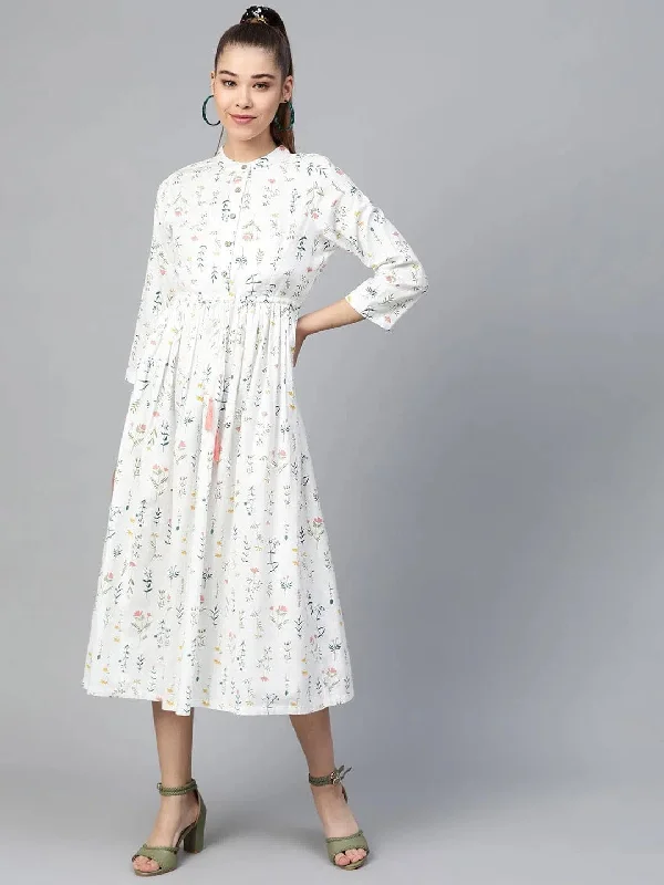 White Floral Drawstring Dress