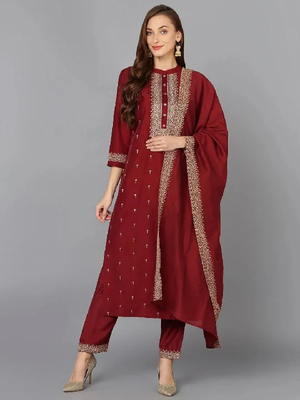 Maroon Silk Blend Embroidered Festive wear Suit-PKSKD1887_XS