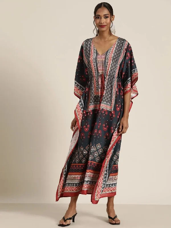 Women Navy & Rust Floral Kaftan Dress