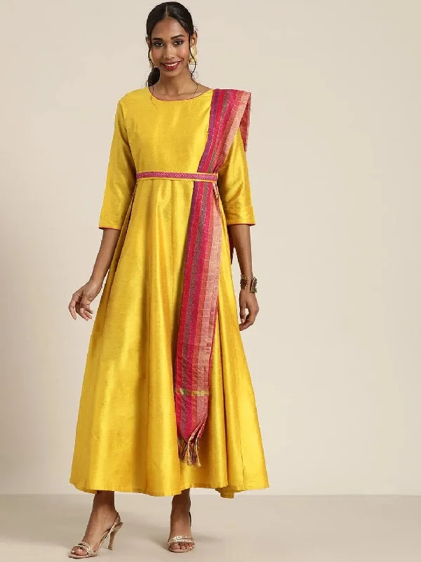 Women Mustard Anarkali Maxi With Fuchsia Striped Dupatta