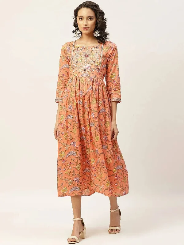 Peach Floral Zari Embroidery Gathered Dress