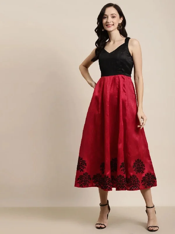 Red Flock Print Sweetheart Neck Anarkali Maxi