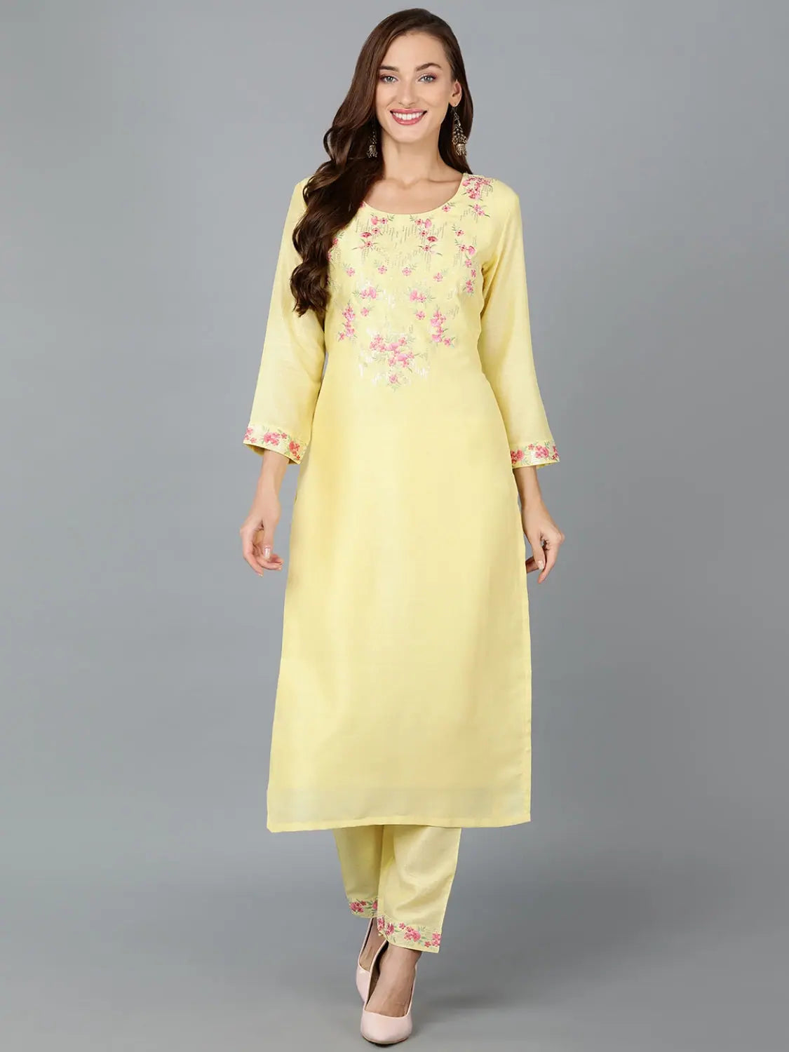 Silk Blend Lemon Yellow Straight Kurta With