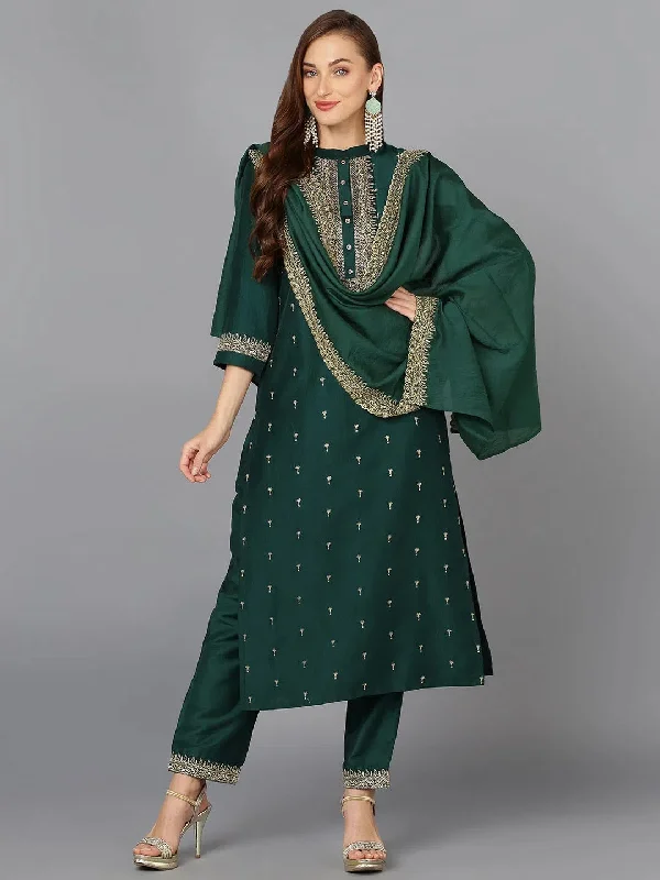 Bottle Green Silk Blend Embroidered Festive wear-PKSKD1886_XS