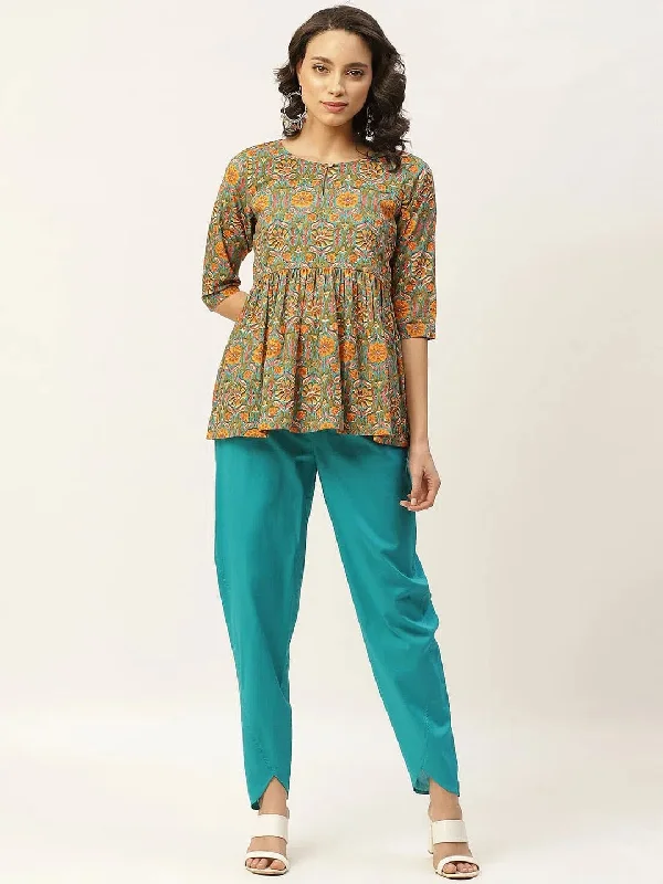 Teal Floral Peplum Top With Tulip Pants