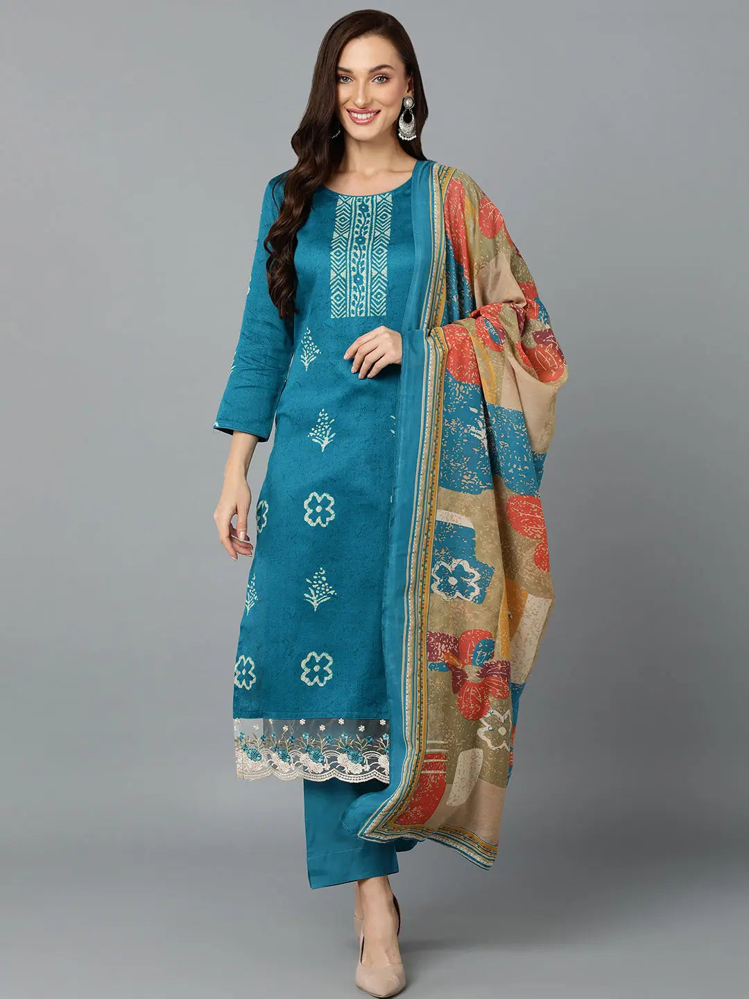 Silk Blend Firozi Printed Straight Kurta Pant-VKSKD1821_XS