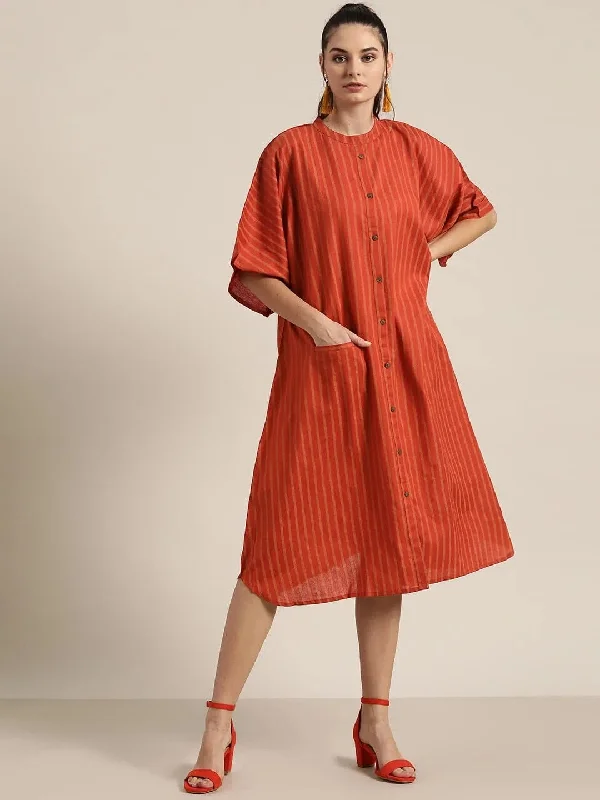 Rust Stripe Front Button Kaftan Dress