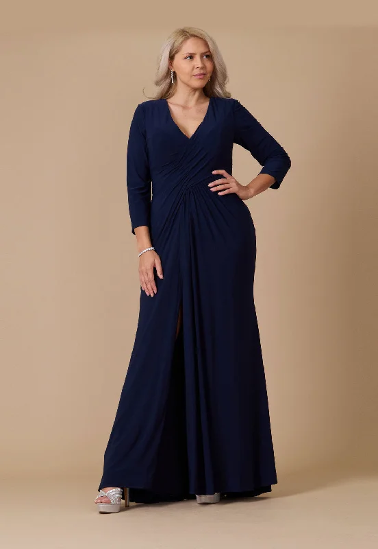 TightknitLong Formal Stretch Evening Long Sleeve Dress Navy