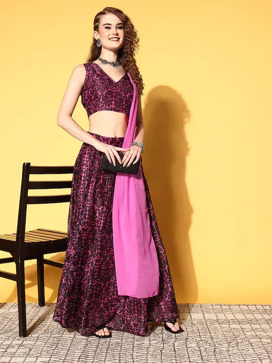 Women Pink Floral Crop Top With Aanrakali Skirt