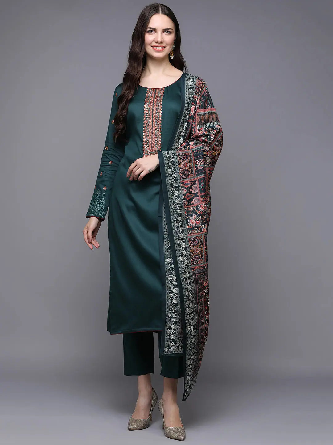 Cotton Green Embroidered Straight Kurta Pant With-VKSKD1951_XS