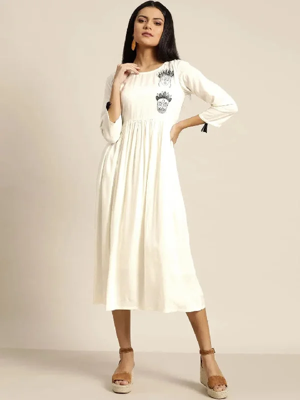 Off White Face Motif Embroidered Liva Dress