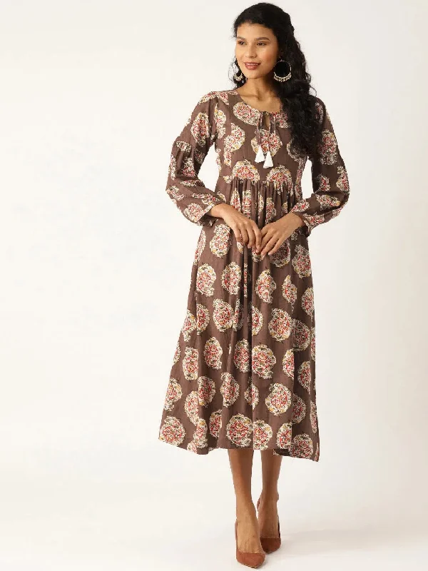 Brown Paisely Bishop Sleeve Midi Dress